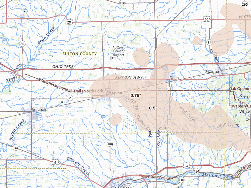 Radar-estimated hail-size map of the storm over Wauseon, OH
