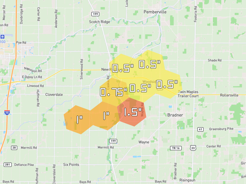 Hail map of Wayne, OH on Jul 3, 2026, hail up to 1.5"