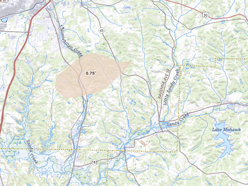 Radar-estimated hail-size map of the storm over Waynesburg, OH on Aug 9, 2026