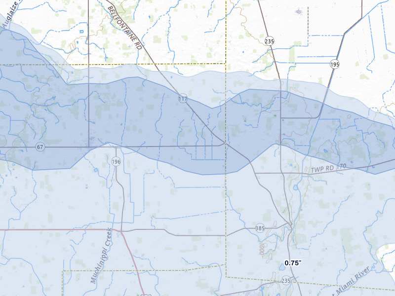 NEXRAD radar-signature map of the hail storm over Waynesfield, OH on Mar 22, 2026