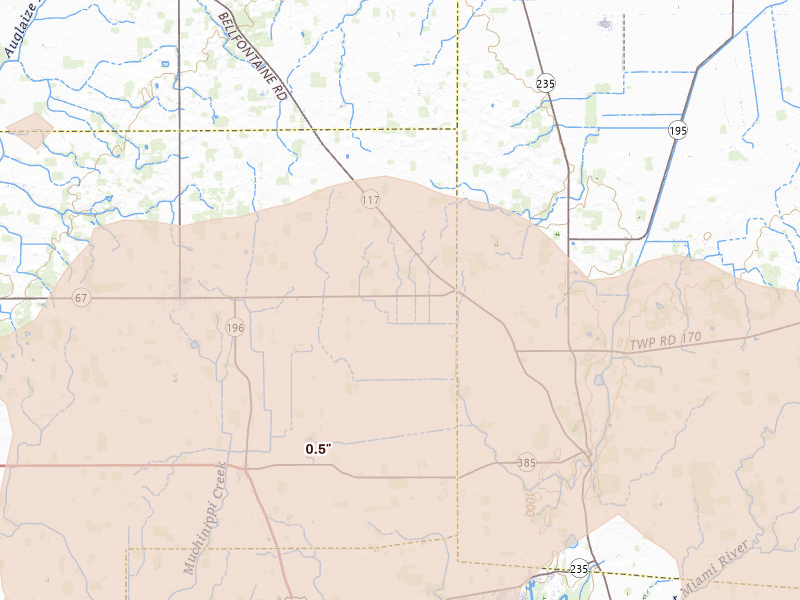 Radar-estimated hail-size map of the storm over Waynesfield, OH on Aug 10, 2026