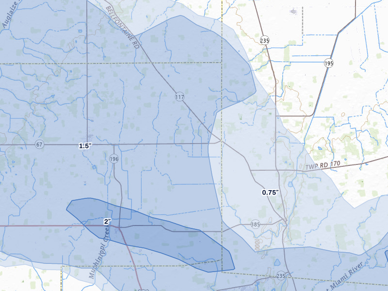NEXRAD radar-signature map of the hail storm over Waynesfield, OH on Aug 10, 2026
