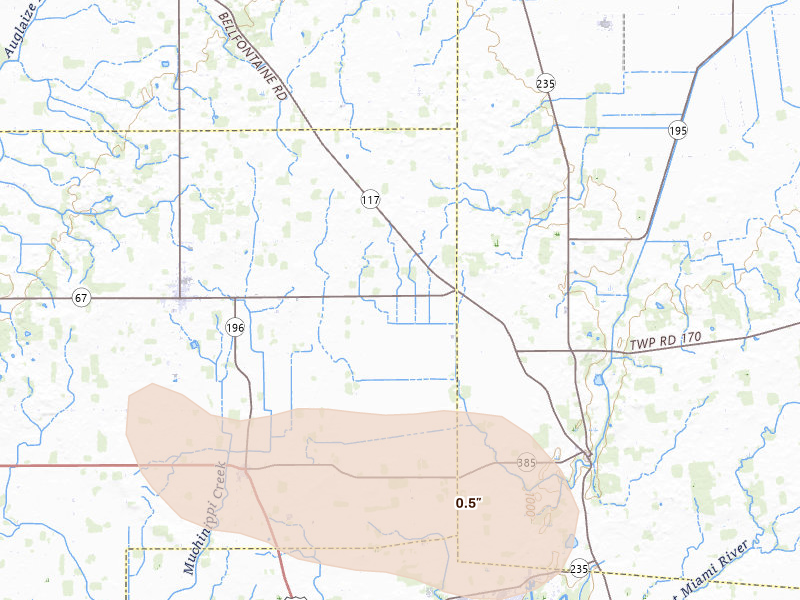 Radar-estimated hail-size map of the storm over Waynesfield, OH on Aug 11, 2026