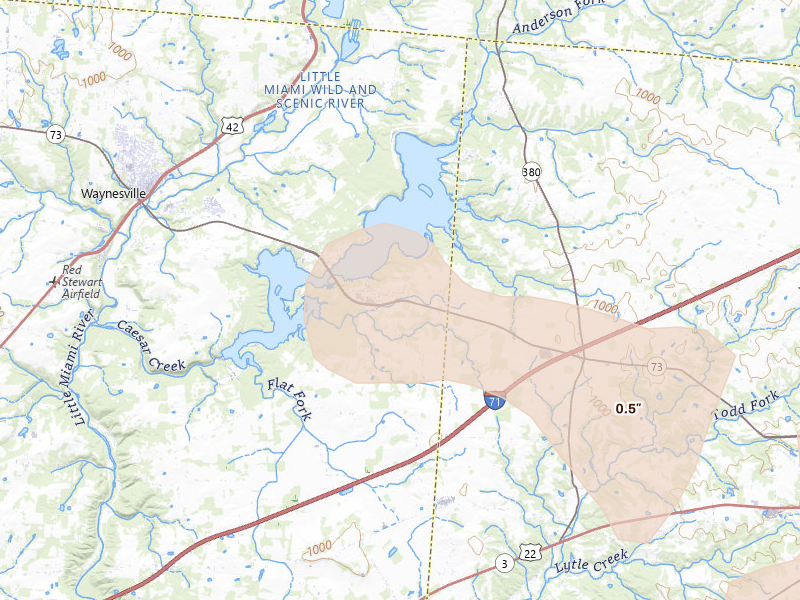 Radar-estimated hail-size map of the storm over Waynesville, OH on Jul 21, 2026