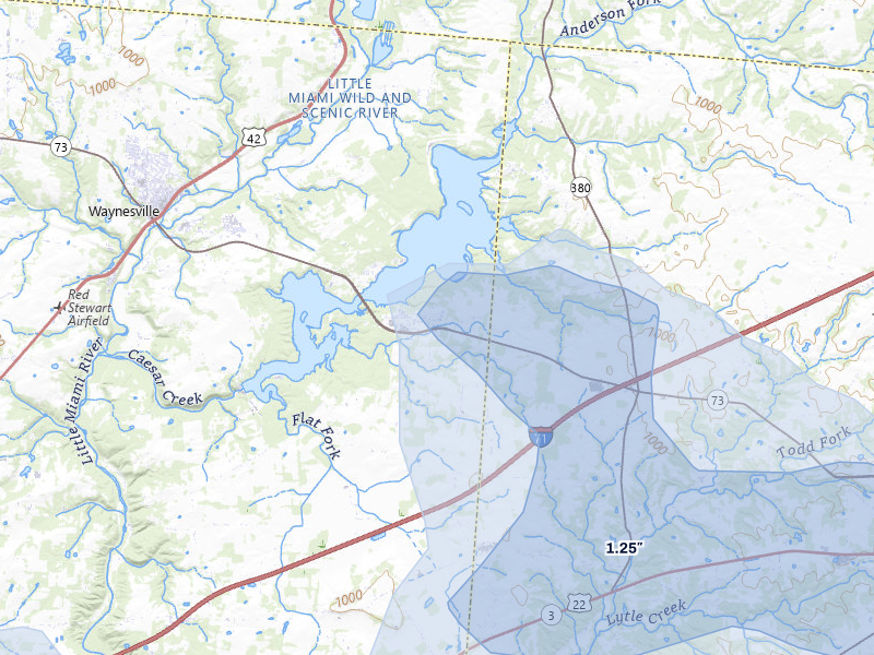 NEXRAD radar-signature map of the hail over Waynesville, OH