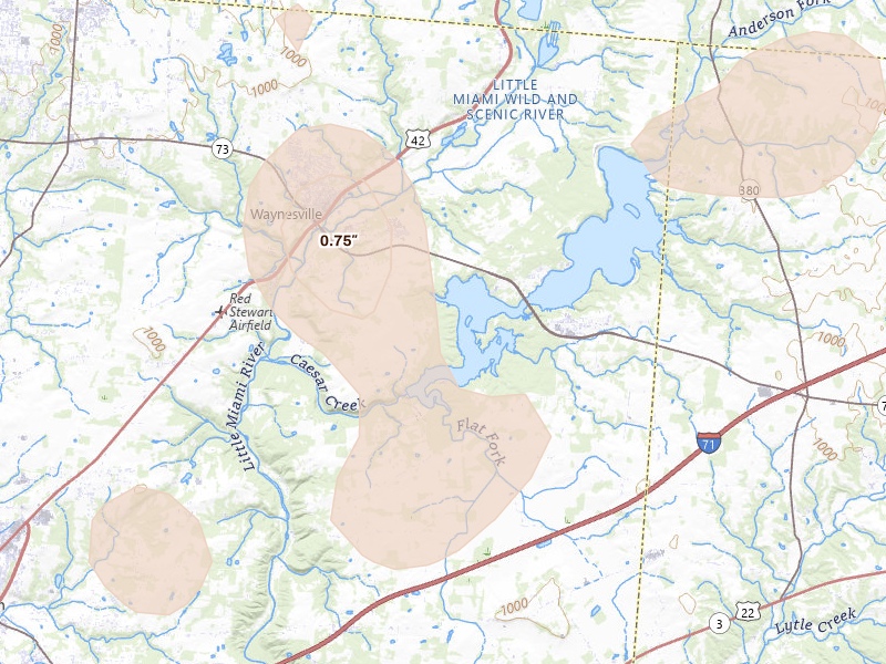 Radar-estimated hail-size map of the storm over Waynesville, OH on Aug 11, 2026