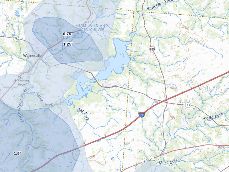 NEXRAD radar-signature map of the hail storm over Waynesville, OH on Aug 11, 2026