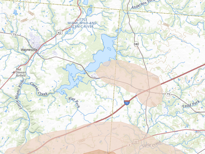 Radar-estimated hail-size map of the storm over Waynesville, OH on Aug 22, 2026