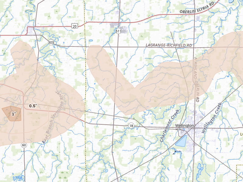 Radar-estimated hail-size map of the storm over Wellington, OH on Apr 15, 2026