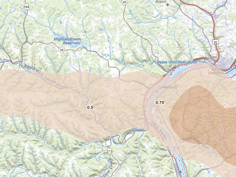 Radar-estimated hail-size map of the storm over Wellsville, OH