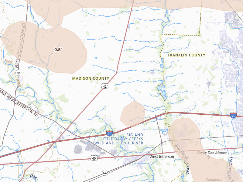 Radar-estimated hail-size map of the storm over West Jefferson, OH on Jun 6, 2026