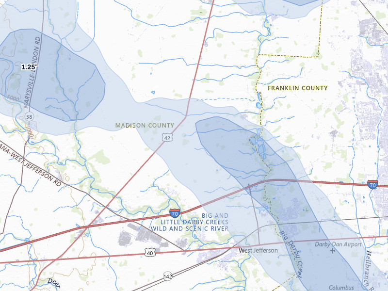 NEXRAD radar-signature map of the hail over West Jefferson, OH