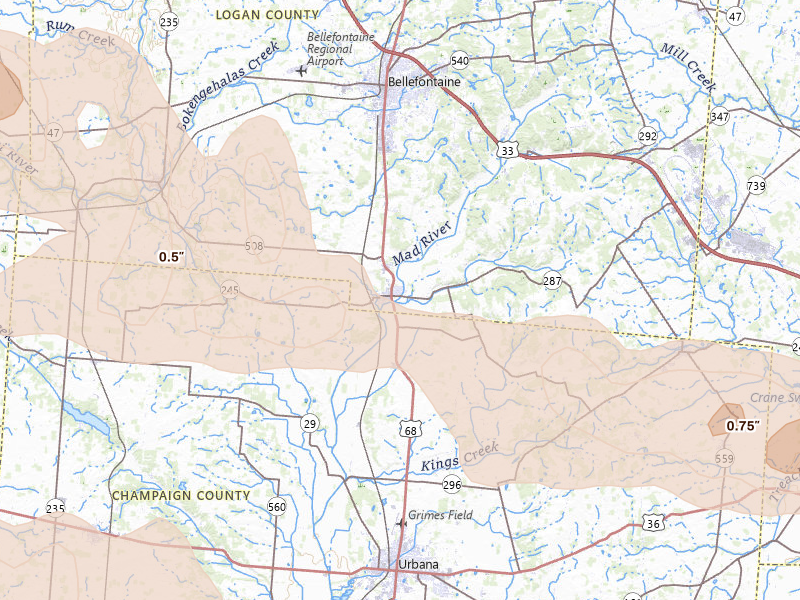 Radar-estimated hail-size map of the storm over West Liberty, OH on Mar 22, 2026