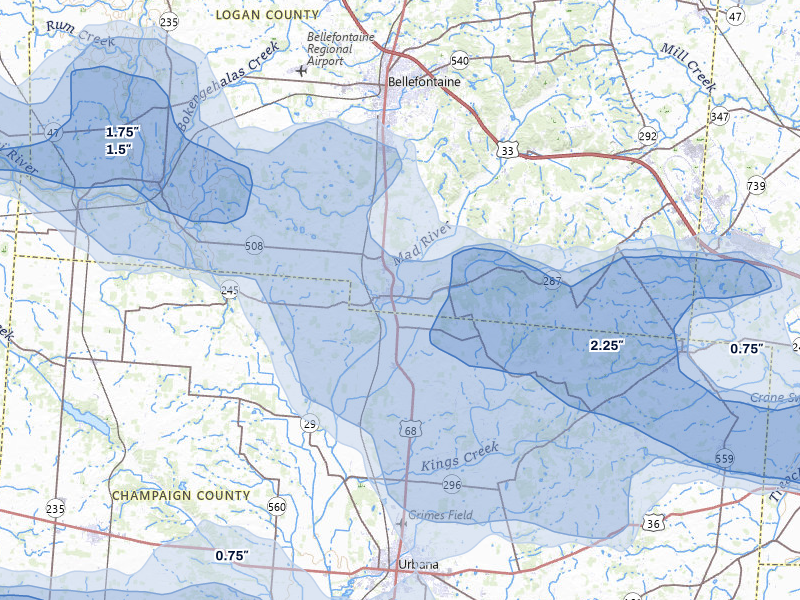 NEXRAD radar-signature map of the hail storm over West Liberty, OH on Mar 22, 2026