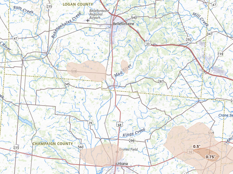 Radar-estimated hail-size map of the storm over West Liberty, OH on Jun 6, 2026