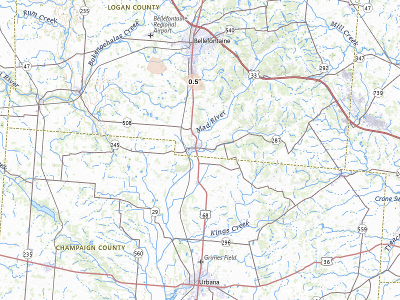 Radar-estimated hail-size map of the storm over West Liberty, OH on Jul 27, 2026