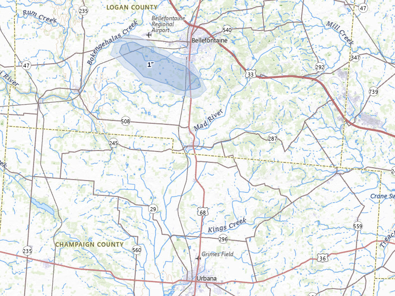 NEXRAD radar-signature map of the hail storm over West Liberty, OH on Jul 27, 2026