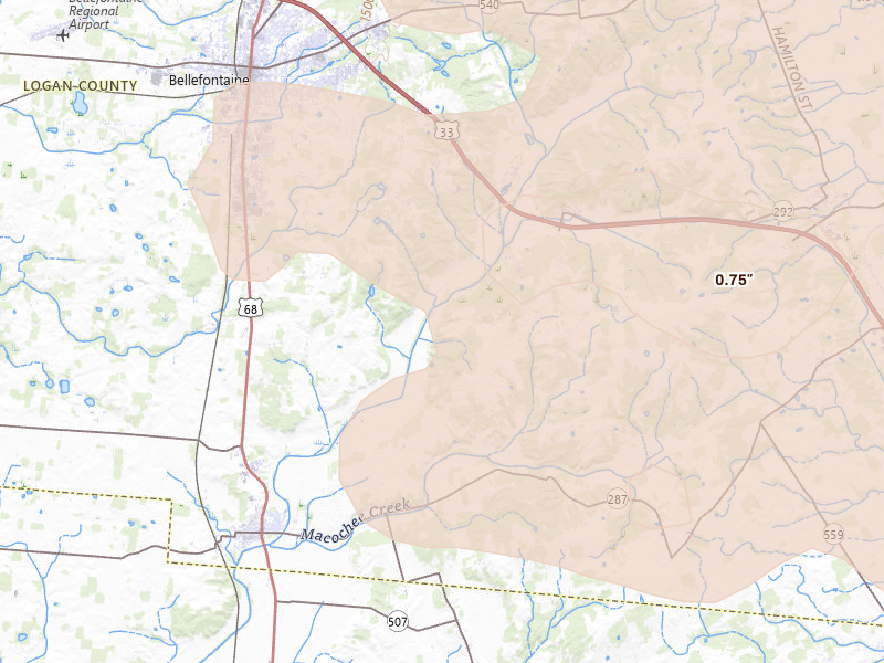 Radar-estimated hail-size map of the storm over West Liberty, OH on Aug 10, 2026