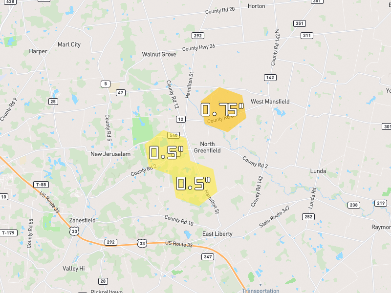 Hail map of West Mansfield, OH on Jun 6, 2026, hail up to 0.75"