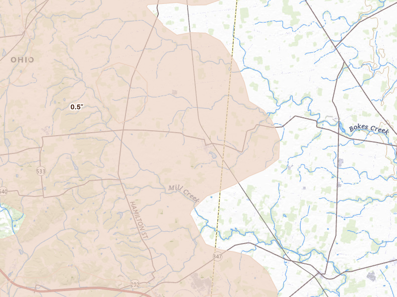 Radar-estimated hail-size map of the storm over West Mansfield, OH on Aug 10, 2026