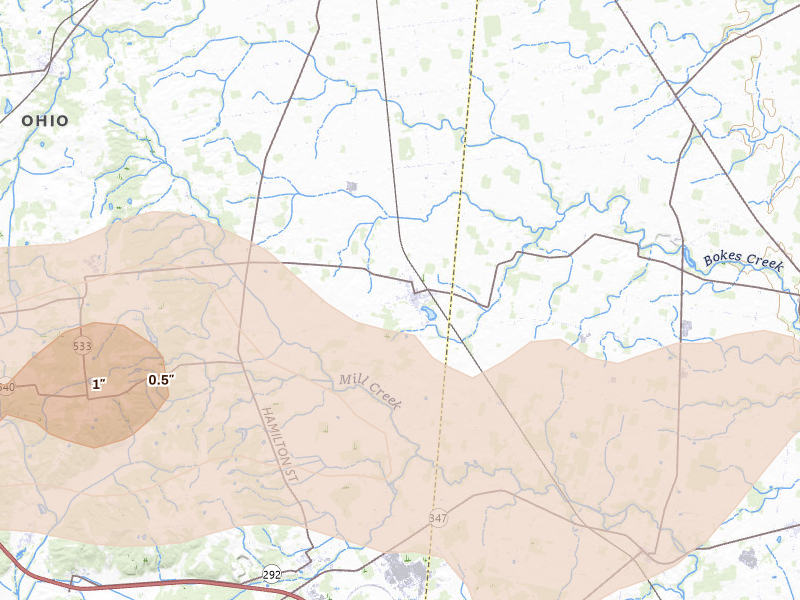 Radar-estimated hail-size map of the storm over West Mansfield, OH on Sep 4, 2026