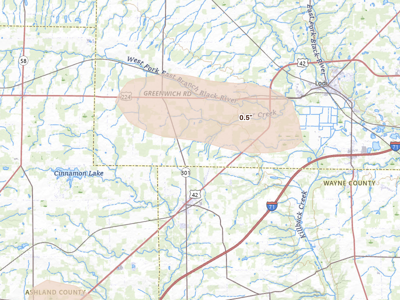Radar-estimated hail-size map of the storm over West Salem, OH on Aug 10, 2026