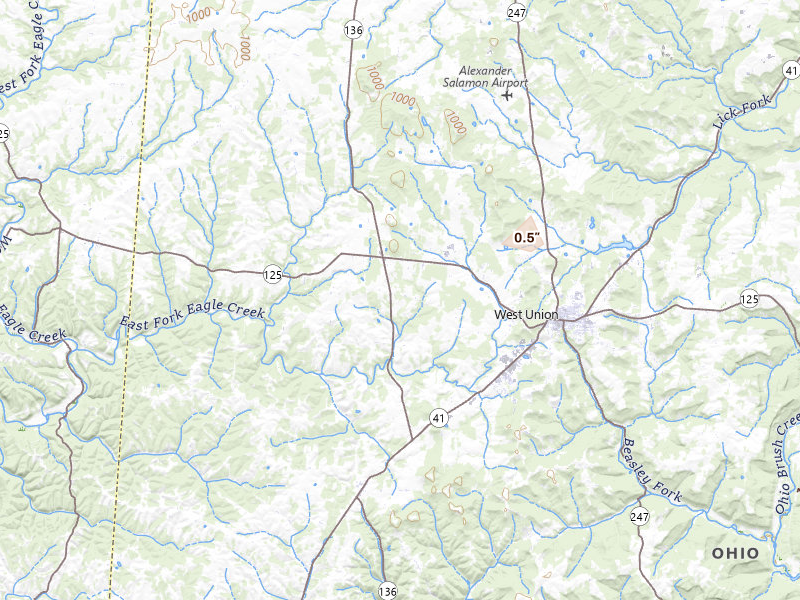 Radar-estimated hail-size map of the storm over West Union, OH on May 16, 2026