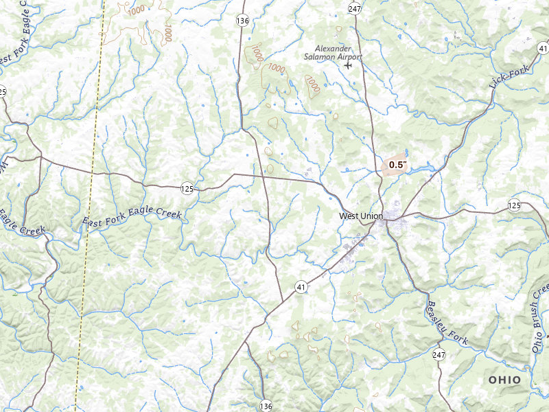 Radar-estimated hail-size map of the storm over West Union, OH on May 19, 2026