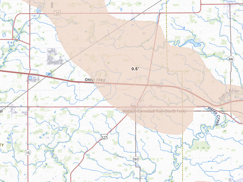 Radar-estimated hail-size map of the storm over West Unity, OH on Apr 22, 2026