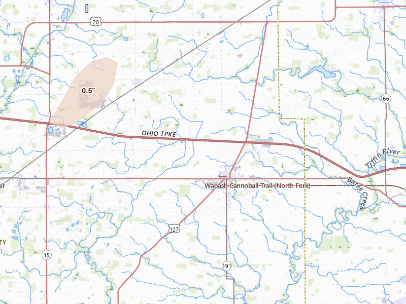 Radar-estimated hail-size map of the storm over West Unity, OH on Jul 3, 2026