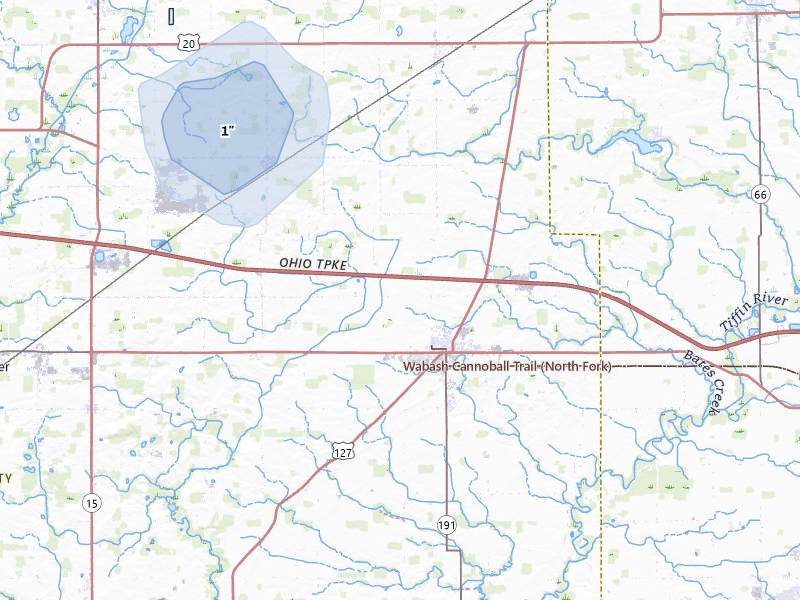 NEXRAD radar-signature map of the hail storm over West Unity, OH on Jul 3, 2026