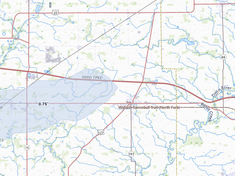 NEXRAD radar-signature map of the hail storm over West Unity, OH on Jul 9, 2026