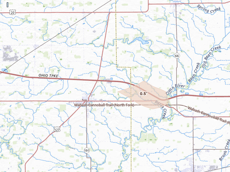 Radar-estimated hail-size map of the storm over West Unity, OH on Aug 22, 2026