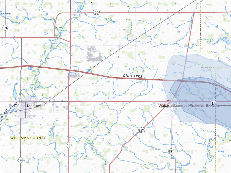 NEXRAD radar-signature map of the hail storm over West Unity, OH on Aug 22, 2026