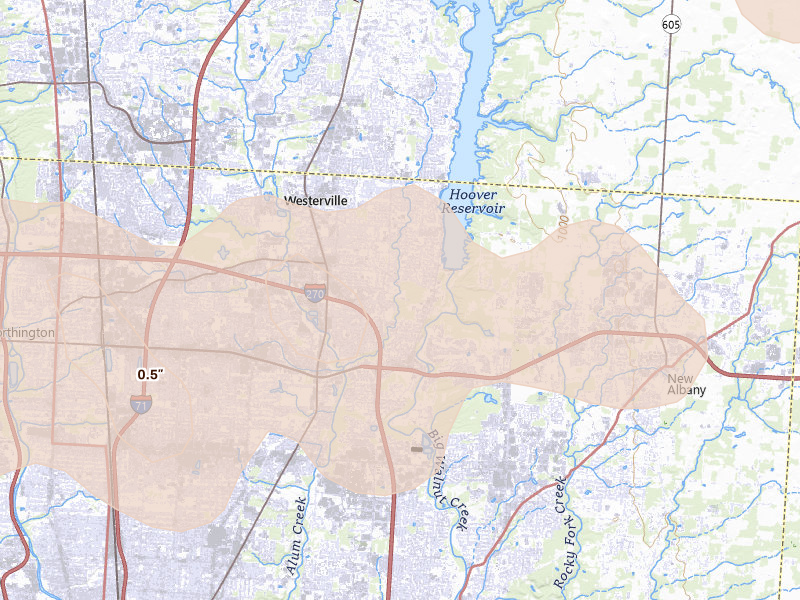 Radar-estimated hail-size map of the storm over Westerville, OH on Mar 22, 2026