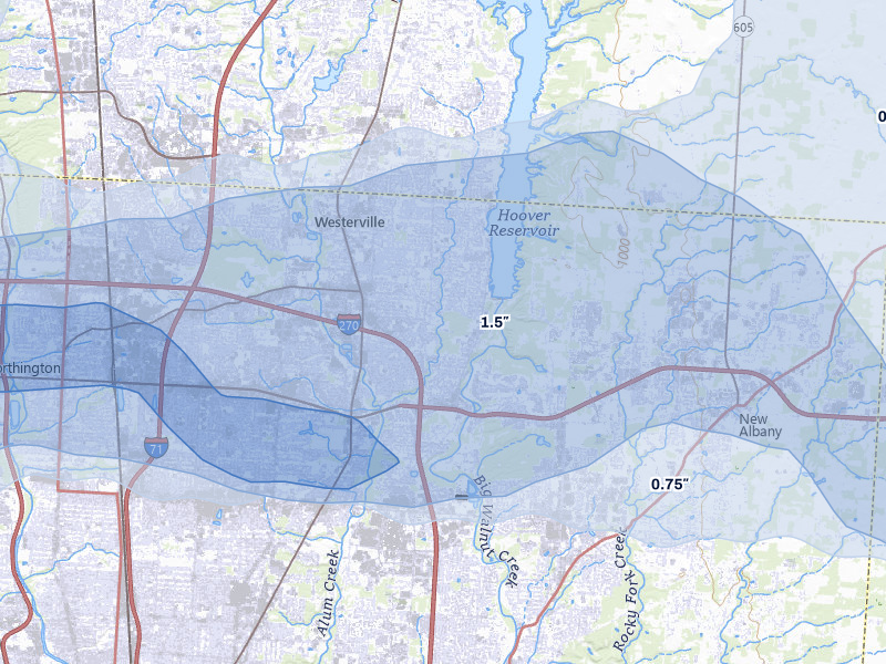 NEXRAD radar-signature map of the hail storm over Westerville, OH on Mar 22, 2026