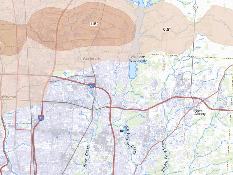 Radar-estimated hail-size map of the storm over Westerville, OH on Jun 6, 2026