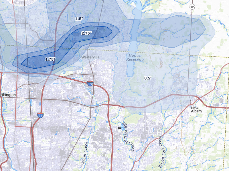 NEXRAD radar-signature map of the hail storm over Westerville, OH on Jun 6, 2026