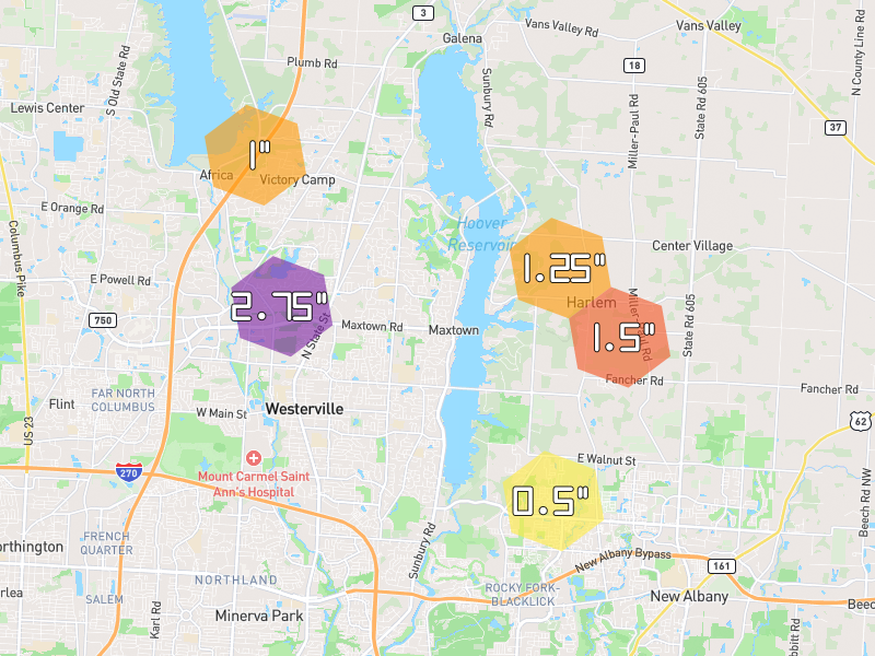 Hail map of Westerville, OH on Jun 6, 2026, hail up to 2.75"