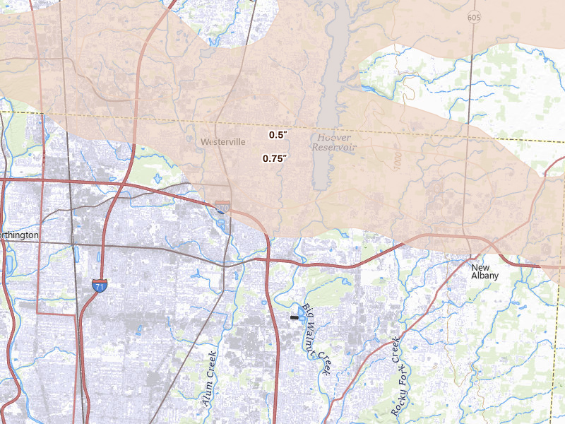 Radar-estimated hail-size map of the storm over Westerville, OH on Jul 21, 2026