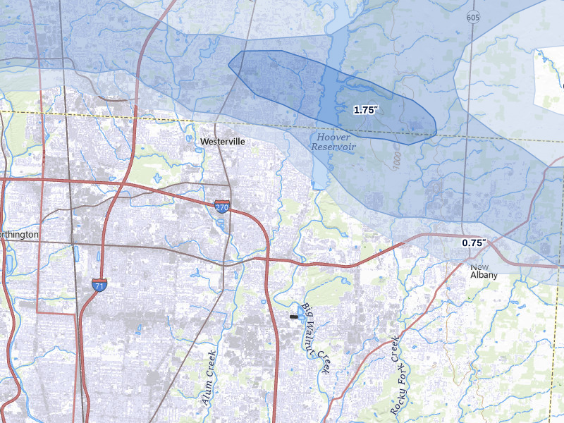 NEXRAD radar-signature map of the hail over Westerville, OH