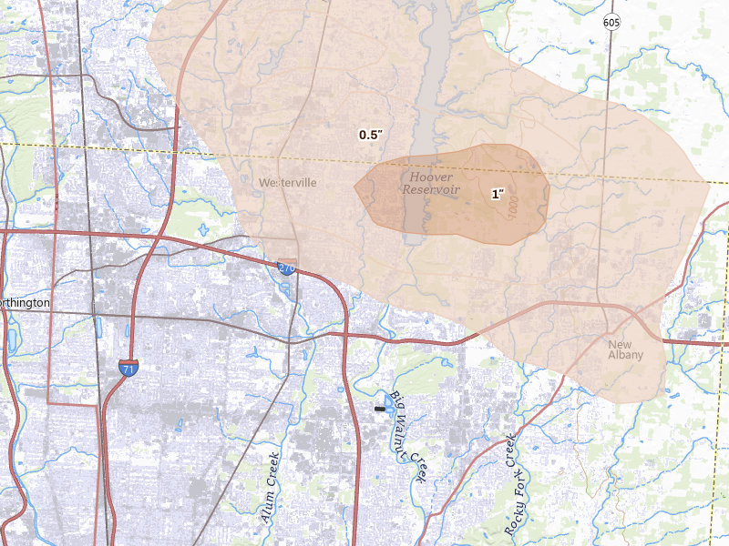 Radar-estimated hail-size map of the storm over Westerville, OH on Aug 8, 2026