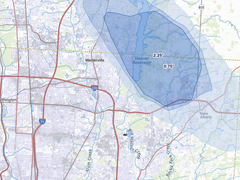 NEXRAD radar-signature map of the hail storm over Westerville, OH on Aug 8, 2026