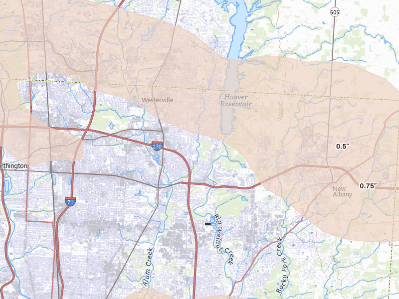 Radar-estimated hail-size map of the storm over Westerville, OH on Aug 10, 2026