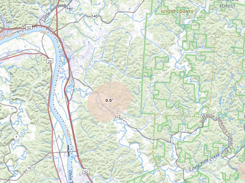 Radar-estimated hail-size map of the storm over Wheelersburg, OH on Aug 11, 2026