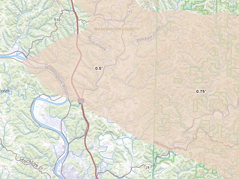 Radar-estimated hail-size map of the storm over Whipple, OH on Jul 21, 2026