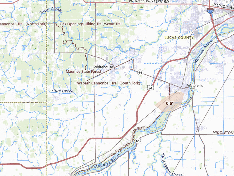 Radar-estimated hail-size map of the storm over Whitehouse, OH on Apr 13, 2026