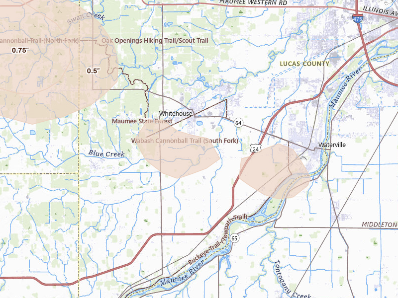 Radar-estimated hail-size map of the storm over Whitehouse, OH on Aug 10, 2026