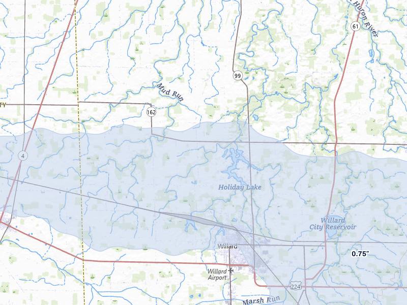 NEXRAD radar-signature map of the hail storm over Willard, OH on Mar 22, 2026