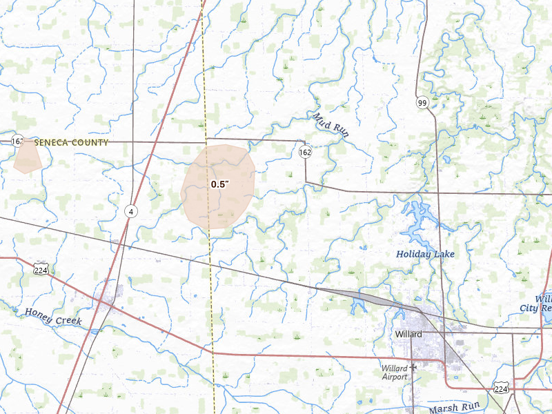 Radar-estimated hail-size map of the storm over Willard, OH on Aug 9, 2026